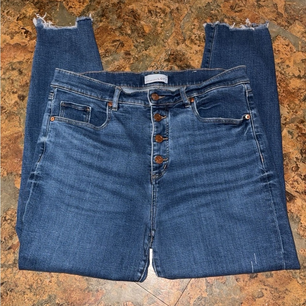 LOFT Dark Blue High-Rise Button-Fly Jeans with Raw Hem